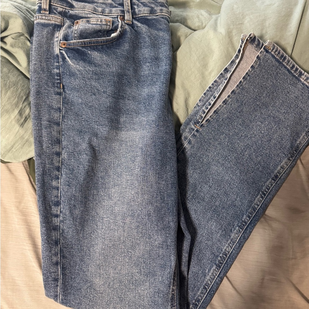 H&M Light Blue Straight Leg Jeans with slits at the bottom